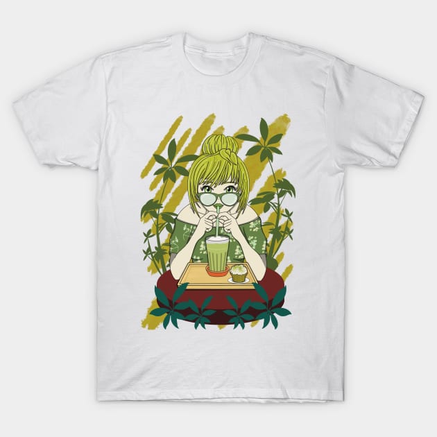 Matcha Milk Tea Anime Girl T-Shirt by Cupsie's Creations